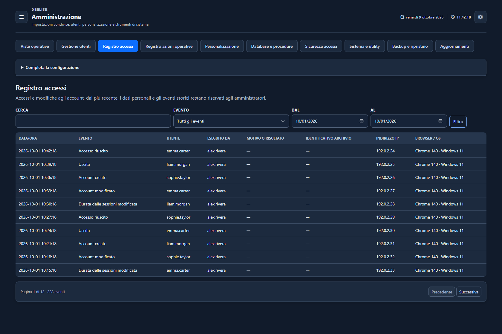 Registro accessi — Pagina completa — Tema scuro