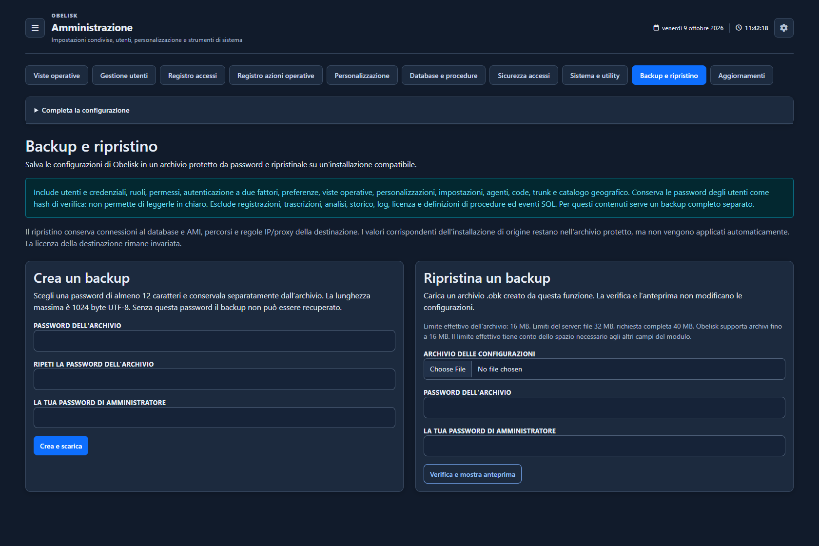 Backup configurazioni — Tema scuro