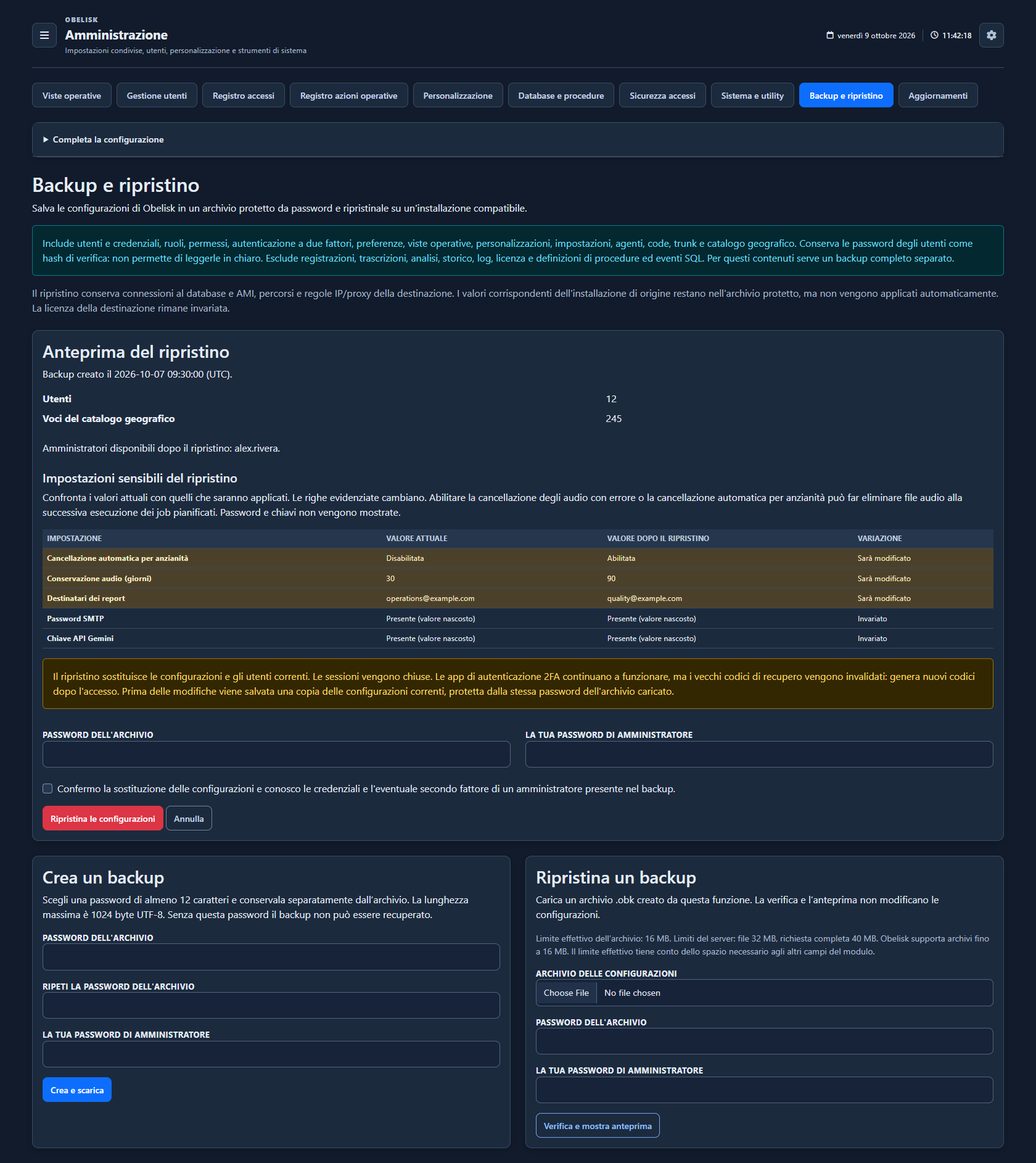 Backup configurazioni — Anteprima del ripristino — Tema scuro