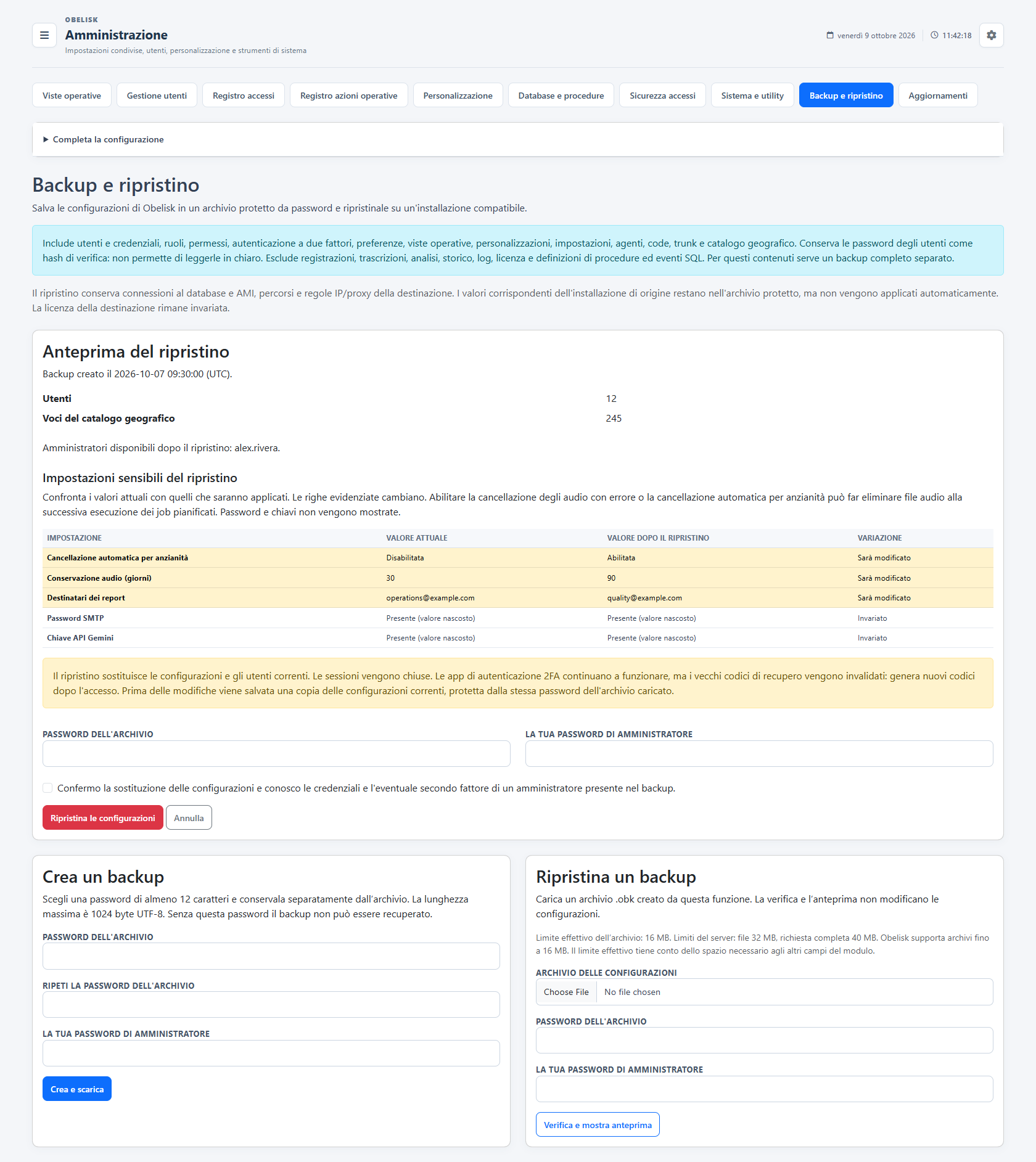 Backup configurazioni — Anteprima del ripristino — Tema chiaro