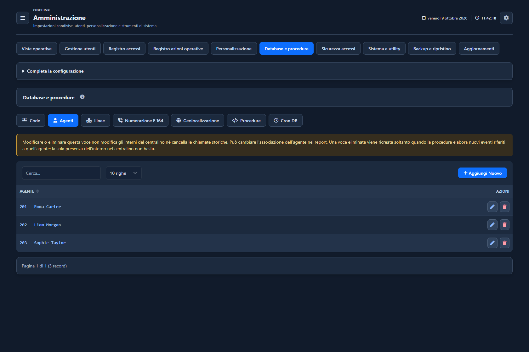 Database e cataloghi — Agenti — Tema scuro