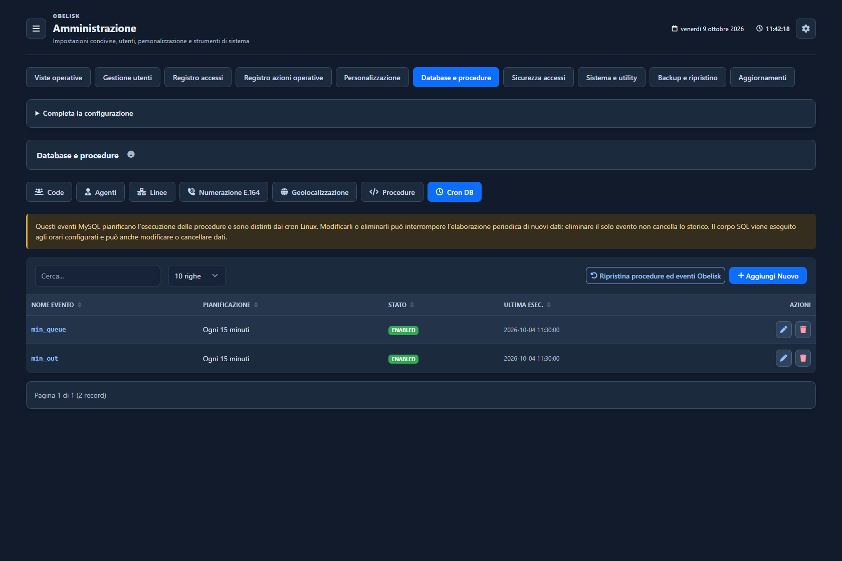 Database e cataloghi — Eventi database pianificati — Tema scuro