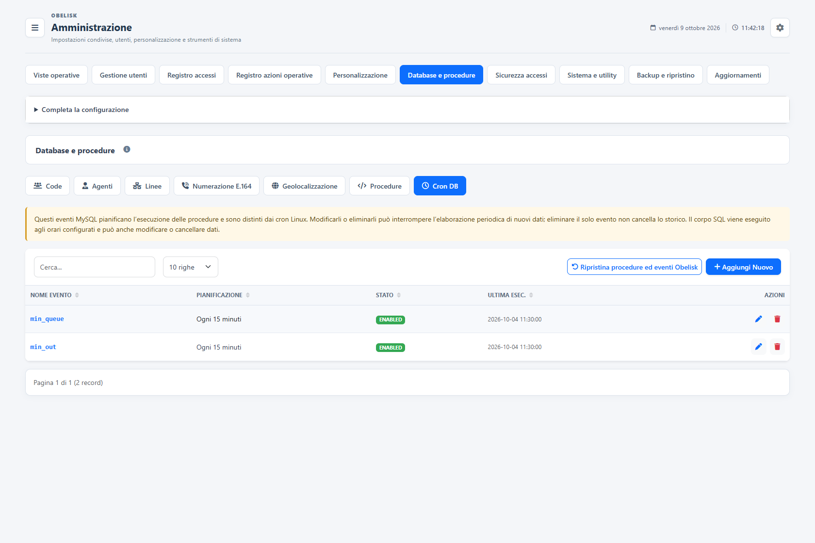 Database e cataloghi — Eventi database pianificati — Tema chiaro