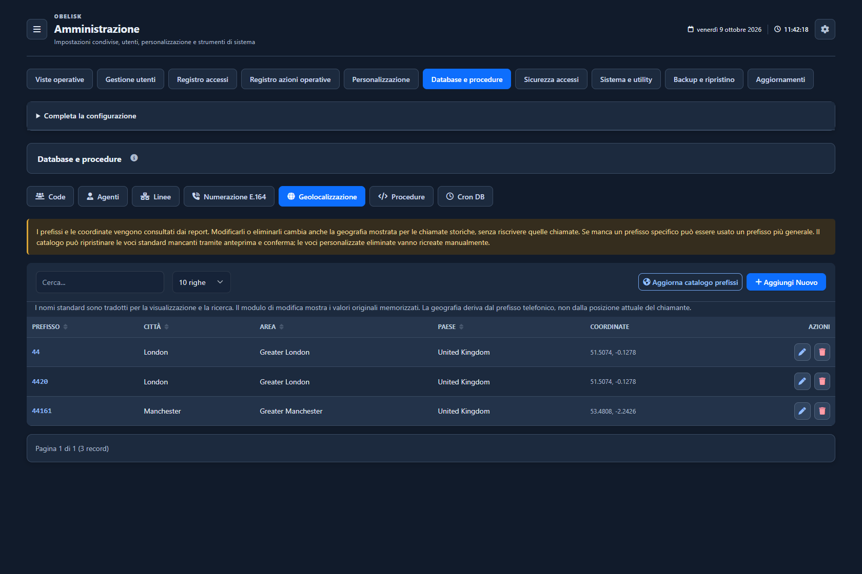 Database e cataloghi — Catalogo geografico — Tema scuro