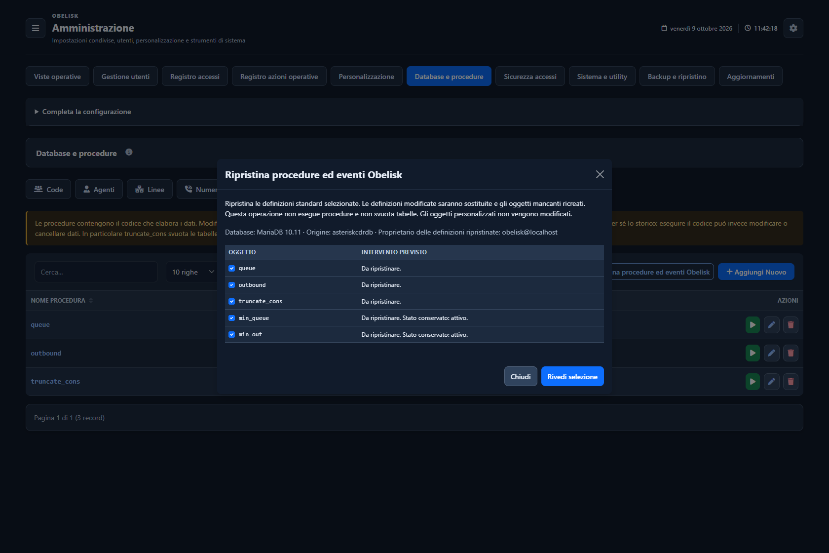 Database e cataloghi — Anteprima del ripristino SQL — Tema scuro