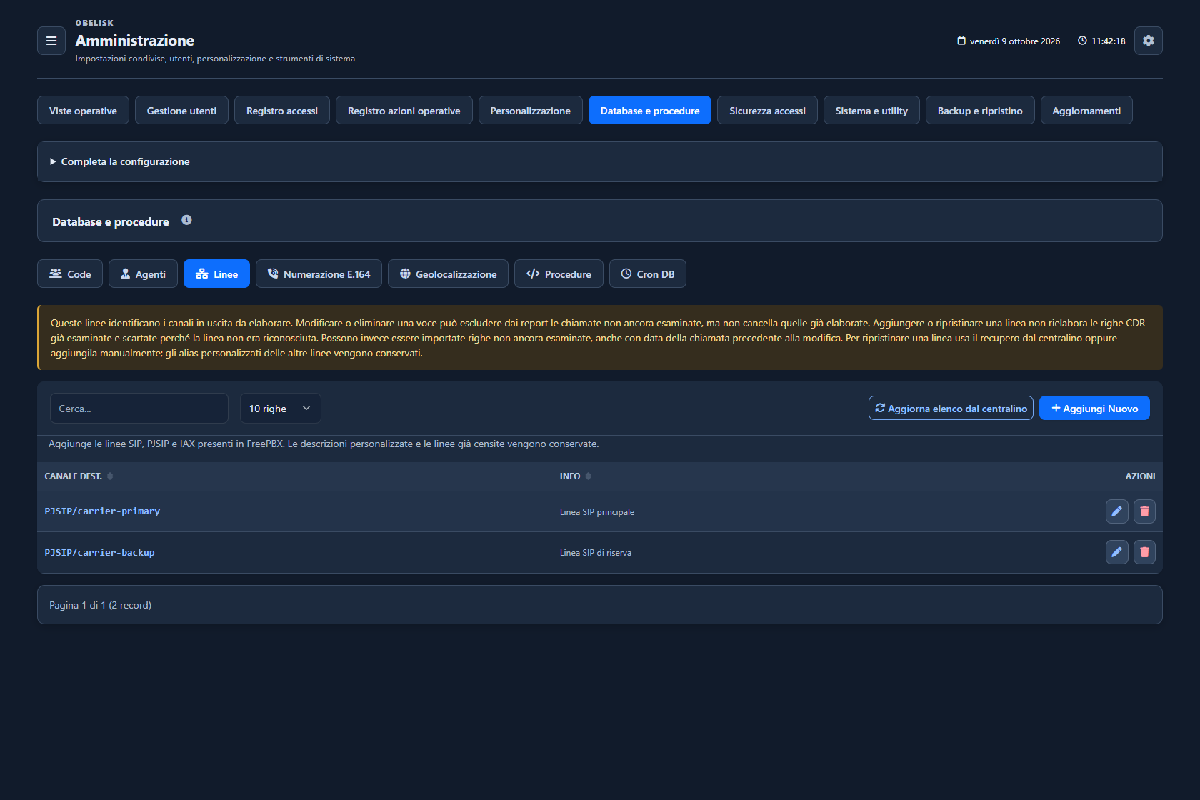 Database e cataloghi — Linee e trunk — Tema scuro