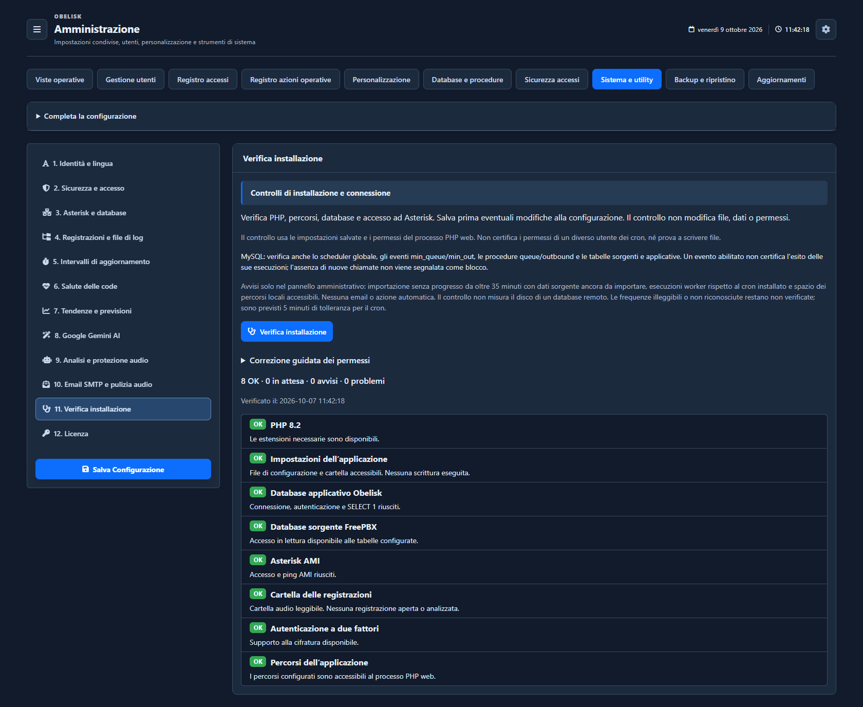 Diagnostica installazione — Tema scuro