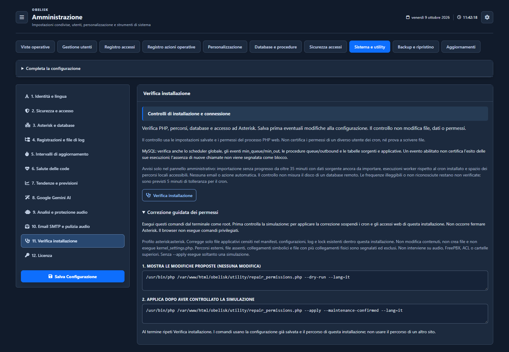 Diagnostica installazione — Guida alla correzione dei permessi — Tema scuro