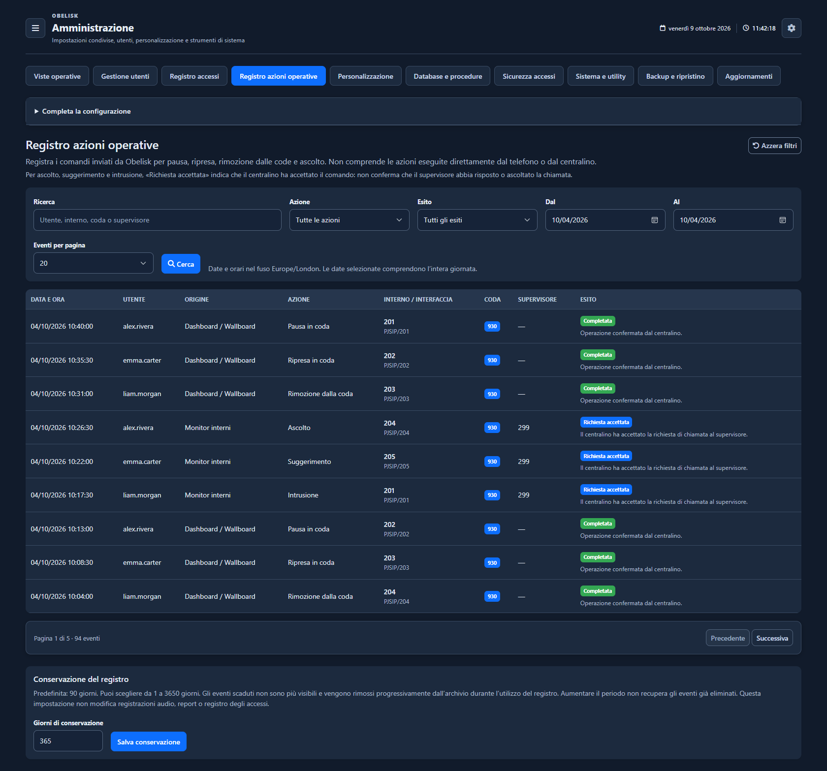 Registro delle azioni operative — Pagina completa — Tema scuro