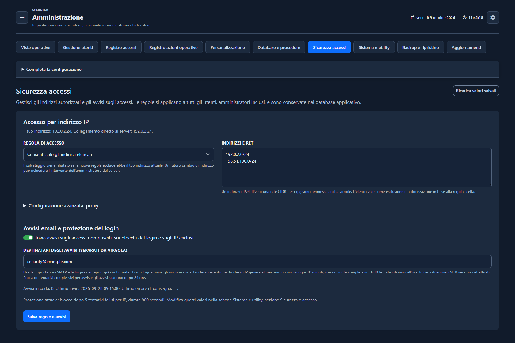 Sicurezza — Pagina completa — Tema scuro
