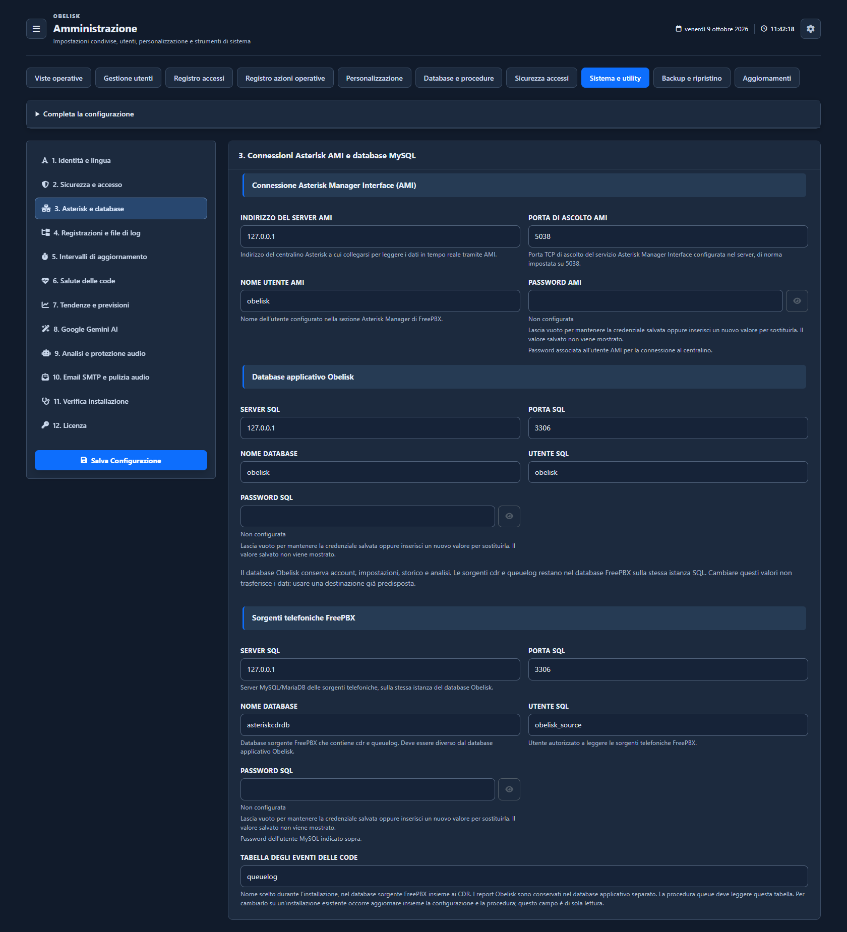 Sistema e utilità — Connessioni applicative e PBX — Tema scuro
