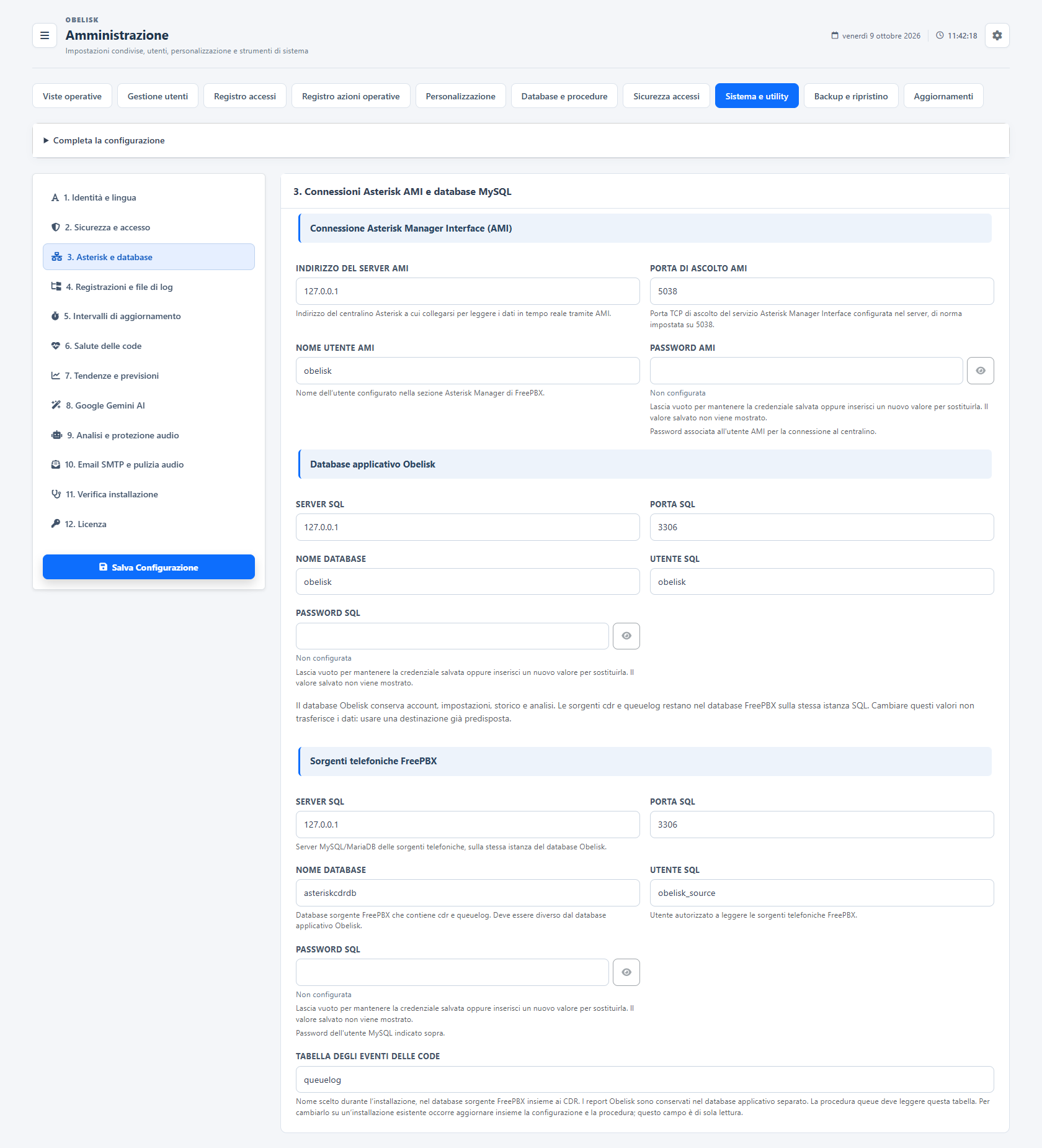 Sistema e utilità — Connessioni applicative e PBX — Tema chiaro