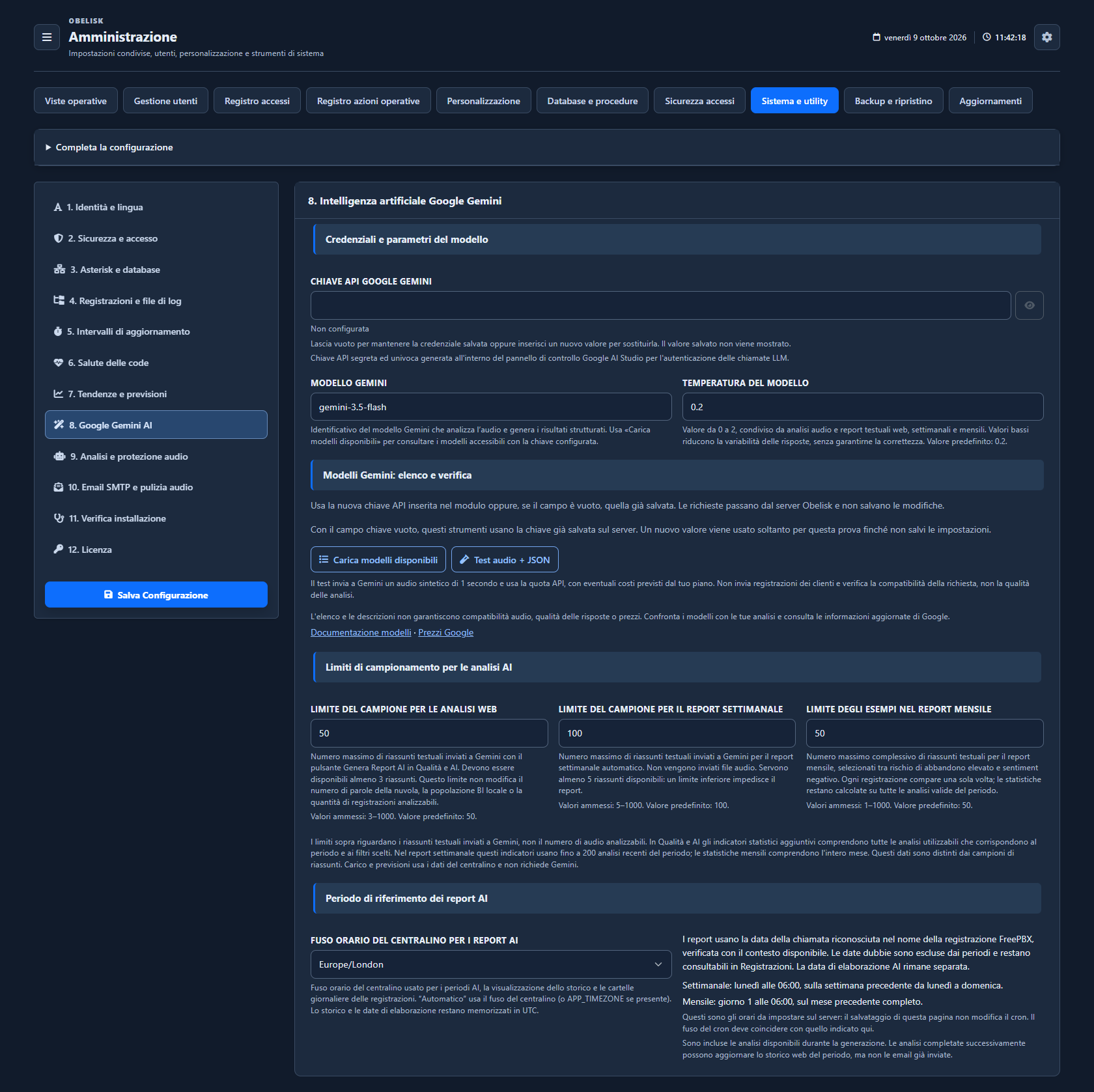 Sistema e utilità — Impostazioni Gemini e AI — Tema scuro