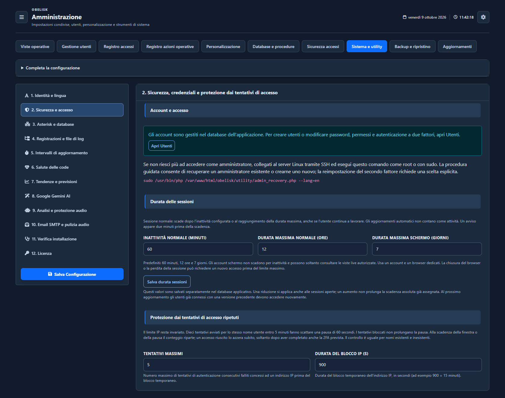 Sistema e utilità — Sicurezza e durata delle sessioni — Tema scuro