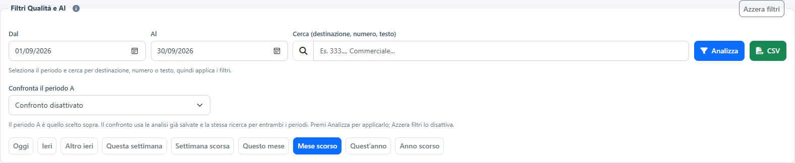 Qualità e AI — Scegli periodo e confronto