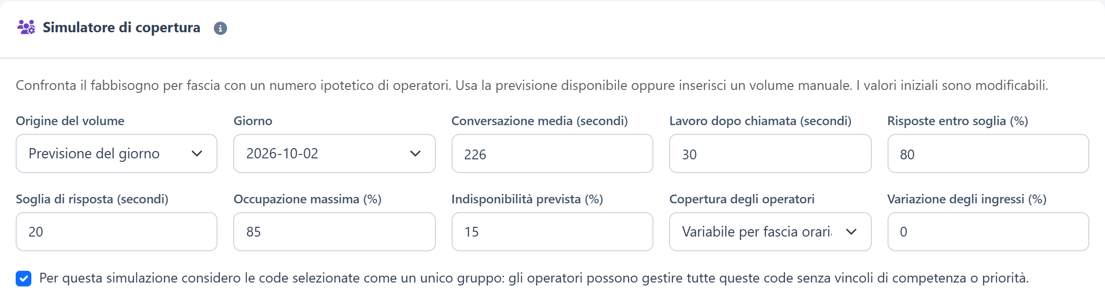 Carico di lavoro e previsioni — Trasforma gli ingressi in uno scenario Erlang C