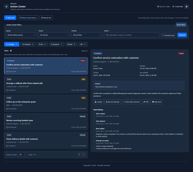 Action centre — Complete page — Dark theme