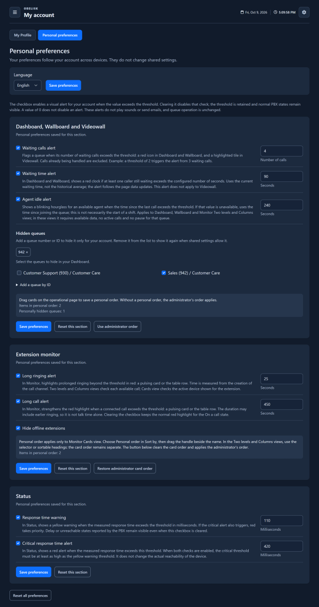 Preferences — Complete page — Dark theme