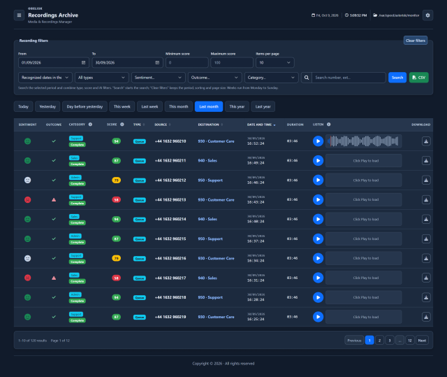 Recordings — Complete page — Dark theme