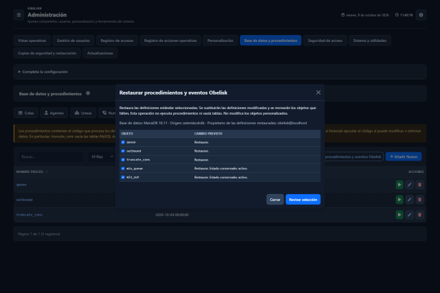Base de datos y catálogos — Vista previa de restauración SQL — Tema oscuro