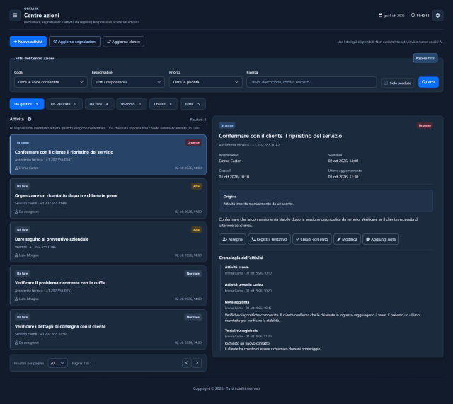 Centro azioni — Pagina completa — Tema scuro