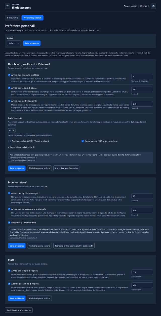 Preferenze — Pagina completa — Tema scuro