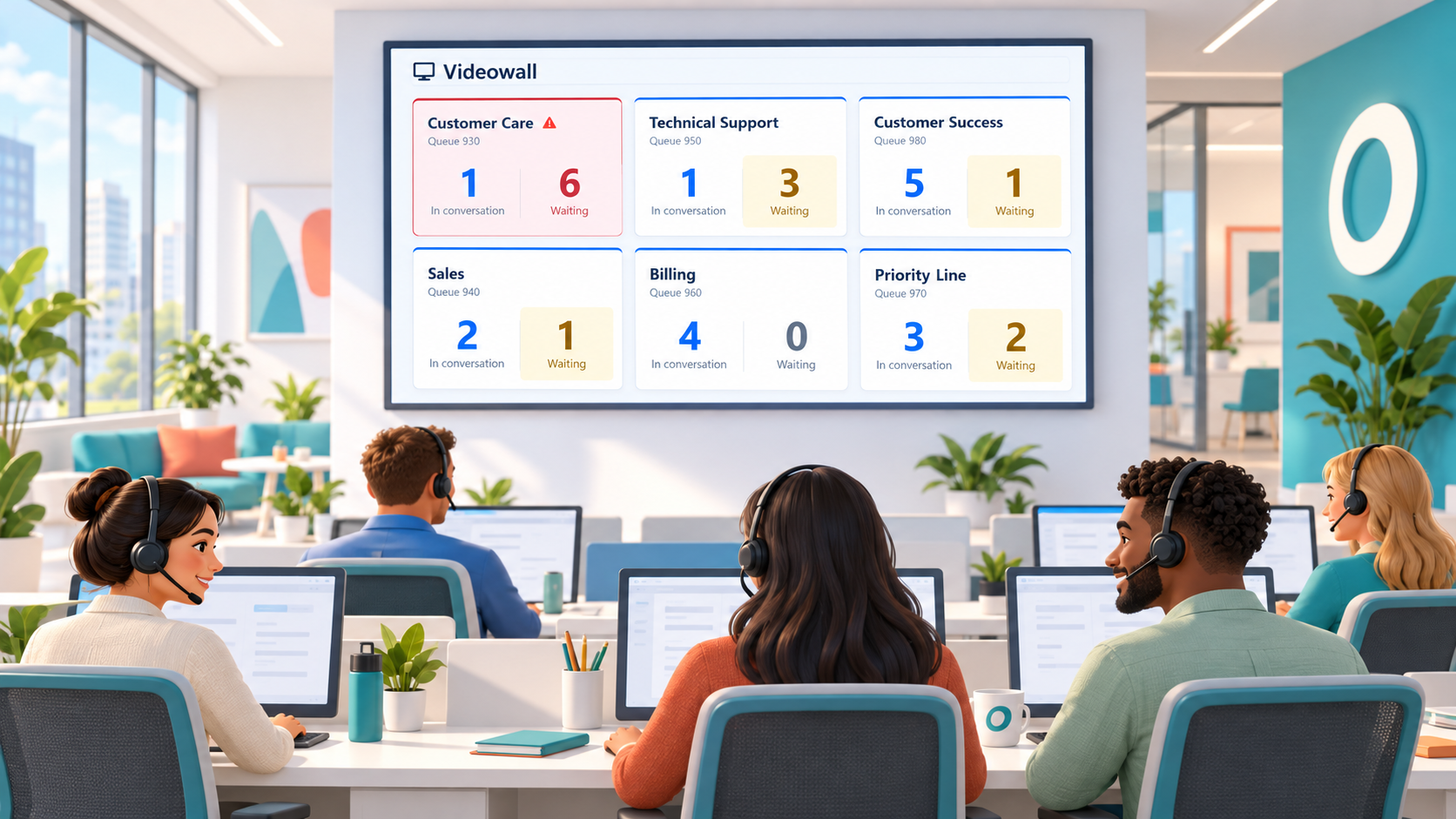 Illustration of contact center agents wearing headsets at their desks, with a large Videowall showing six queues on the wall.